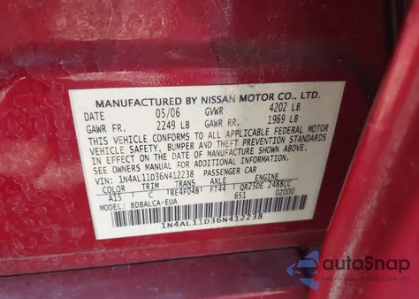 2006 Nissan Altima 2.5 S z USA, uszkodzony, nr VIN 1N4AL11D36N412238